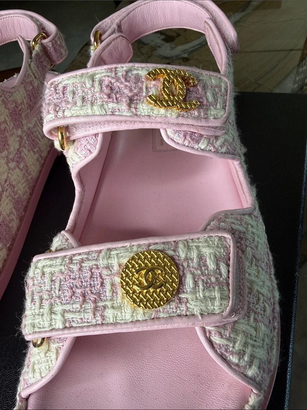 CHANEL Pink Tweed Women’s Sandals with Gold CC Buttons.